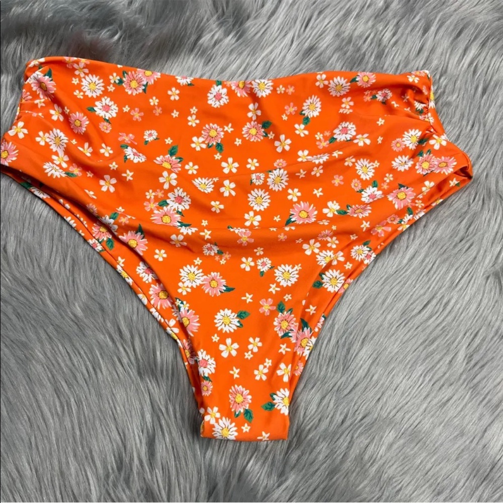 Zaful Orange White Floral High Waist Swim Bottoms US 10